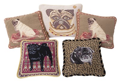 Lot 1019 - Group of Five Pug Decorated Needlepoint...