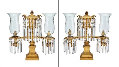 Lot 1143 - Pair of Two-Light Gilt-Bronze and Glass Argand...