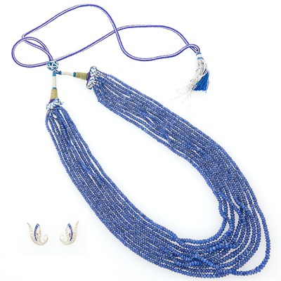 Lot 1049 - Nine Strand Sapphire Bead Necklace and Pair of White Gold, Sapphire and Diamond Earrings