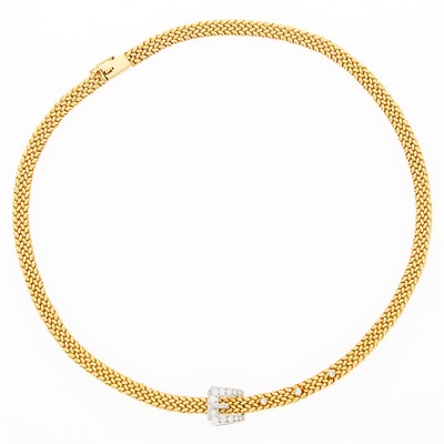 Lot 1086 - Two-Color Gold and Diamond Buckle Braided Mesh Necklace