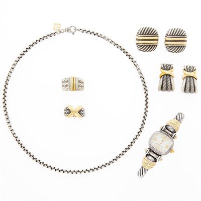 Lot 1270 - David Yurman Silver and Gold Wristwatch, Chain Necklace, Two Pairs of Earclips and Two Rings