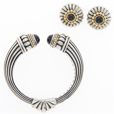 Lot 1269 - By Lagos Silver, Gold and Black Onyx 'Caviar' Bangle Bracelet and Pair of Earclips
