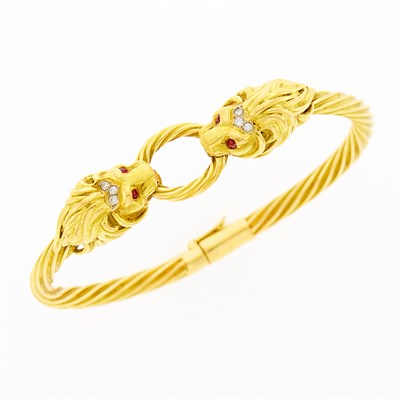 Lot 1166 - Gold Double Lion's Head Bangle Bracelet, France
