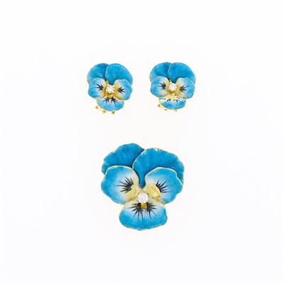 Lot 1238 - Gold, Enamel and Diamond Pansy Pendant-Pin and Pair of Earclips