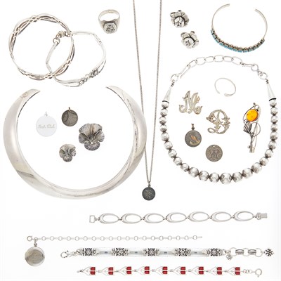 Lot 1276 - Georg Jensen Silver Collar Necklace and Group of Silver, Turquoise and Amber Jewelry