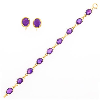 Lot 1103 - Gold and Amethyst Bracelet and Pair of Earclips