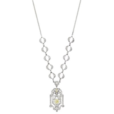 Lot 96 - Platinum, White Gold, Yellow Diamond and Diamond Pendant-Necklace