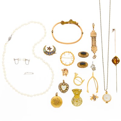Lot 1131 - Group of Gold, Gold-Filled, Metal and Cultured Pearl Jewelry and Fragments