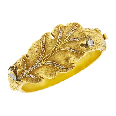Lot 19 - Gold and Diamond Leaf Bangle Bracelet