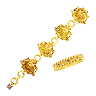 Lot 28 - Antique Gold Bracelet and Gold, Ruby and Diamond Bangle Bracelet