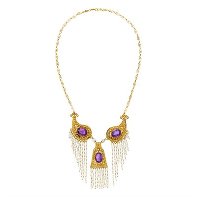 Lot 20 - Antique Gold, Amethyst and Seed Pearl Fringe Necklace