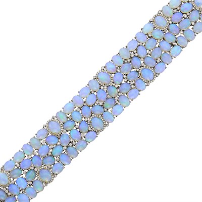 Lot 1185 - Wide Silver, Opal and Diamond Bracelet