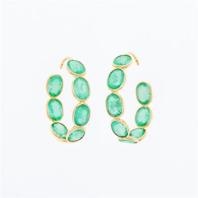Lot 1025 - Pair of Gold and Emerald Hoop Earrings