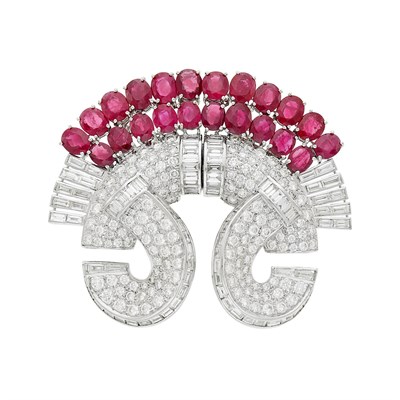 Lot 80 - White Gold, Ruby and Diamond Double Clip-Brooch/Pair of Earrings Combination