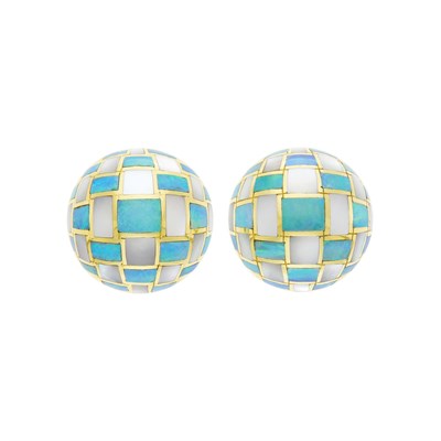Lot 7 - Tiffany & Co. Pair of Gold, Opal and Mother-of-Pearl Checkerboard Earrings