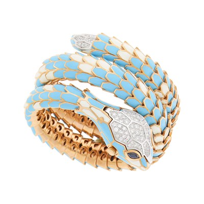 Lot 8 - Rose Gold-Plated Sterling Silver, Enamel and Diamond Coiled Snake Bracelet-Watch