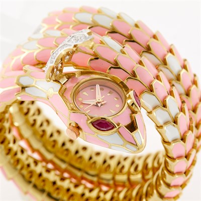 Lot 149 - Gold-Plated Silver, White Gold, Pink and White Enamel and Diamond Snake Bracelet-Watch