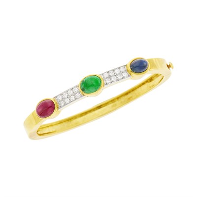 Lot 37 - Gold, Platinum, Cabochon Gem-Set and Diamond Bangle Bracelet