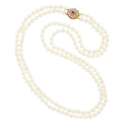 Lot 40 - Long Double Strand Cultured Pearl Necklace with Gold, Ruby, Cabochon Ruby and Diamond Clasp