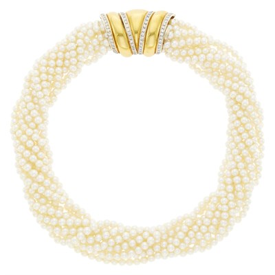 Lot 14 - Multistrand Cultured Pearl Torsade Necklace with Two-Color Gold and Diamond Clasp