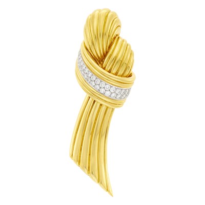 Lot 15 - Two-Color Gold and Diamond Ribbon Clip-Brooch
