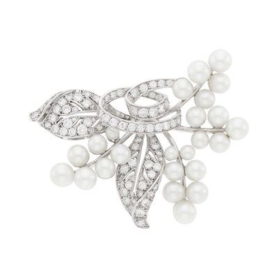 Lot 72 - Platinum, Cultured Pearl and Diamond Clip-Brooch