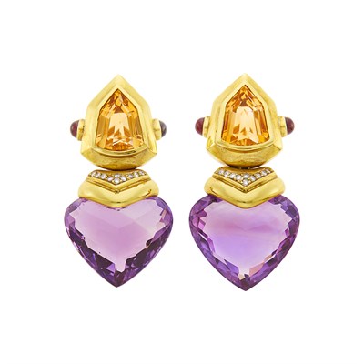 Lot 13 - Pair of Gold, Amethyst, Citrine and Diamond Pendant-Earrings