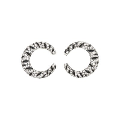 Lot 68 - Pair of Two-Color Gold, Diamond and Black Enamel Hoop Earclips
