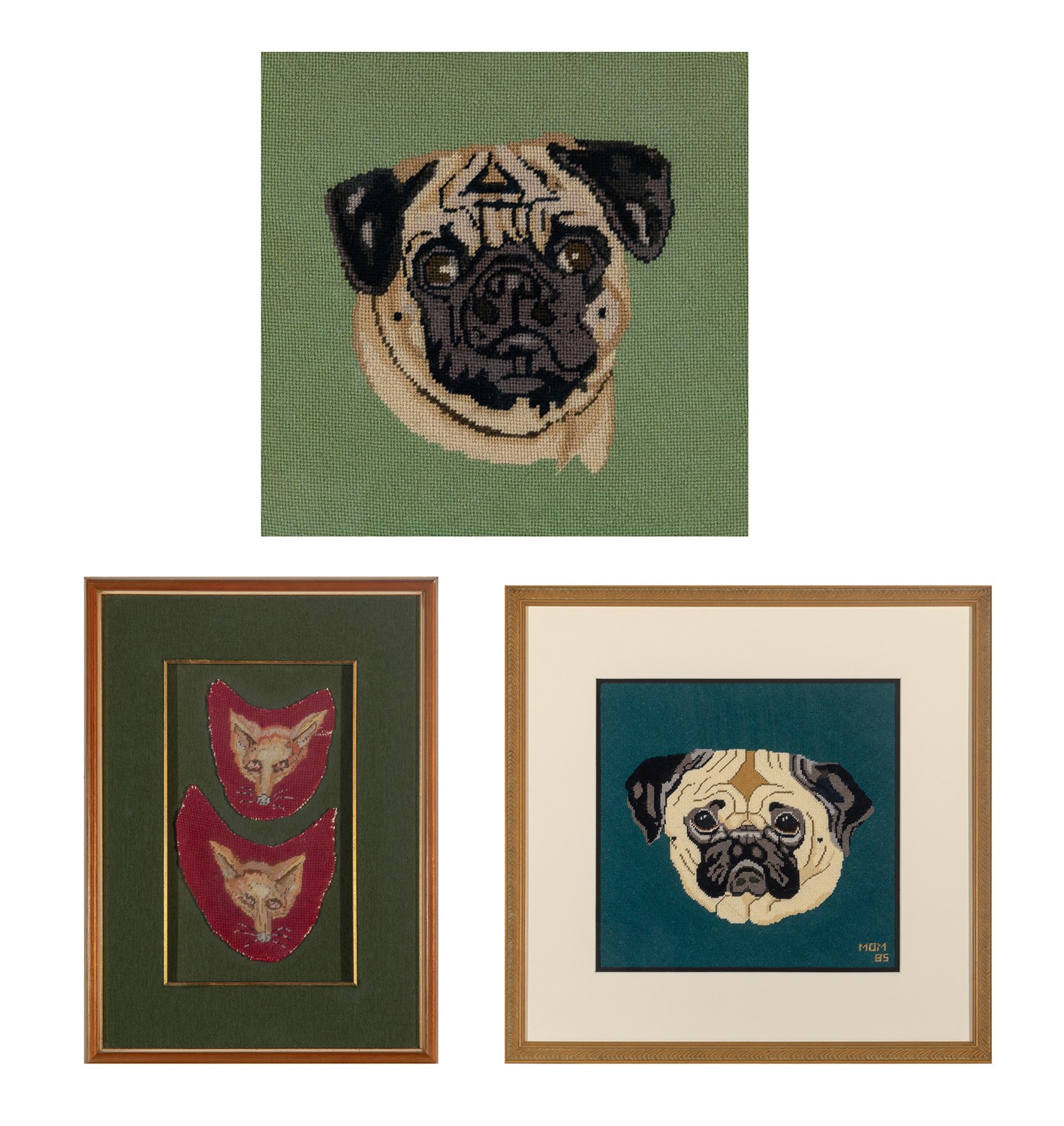Lot 1005 - Two Brigid Berlin Needlepoint Pictures of Pugs...