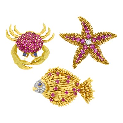 Lot 35 - Tiffany & Co. Three Gold, Diamond and Ruby Sea Creature Clip-Brooches and Brooch