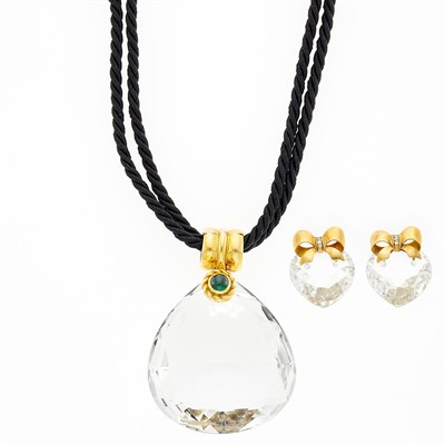 Lot 1086 - Deakin & Francis Low Karat Gold, Rock Crystal and Green Stone Pendant with Black Silk Cord and Pair of Gold Earrings