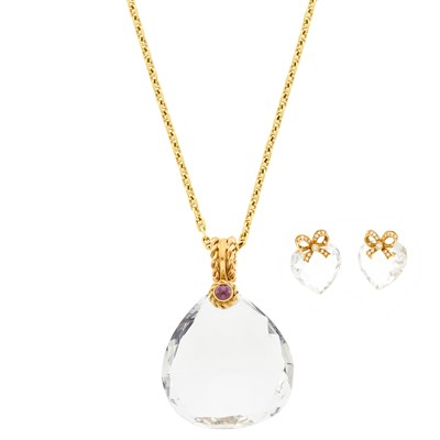 Lot 1242 - Deakin & Francis Low Karat Gold and Rock Crystal Heart Pendant with Gold Chain Necklace and Pair of Heart Earrings