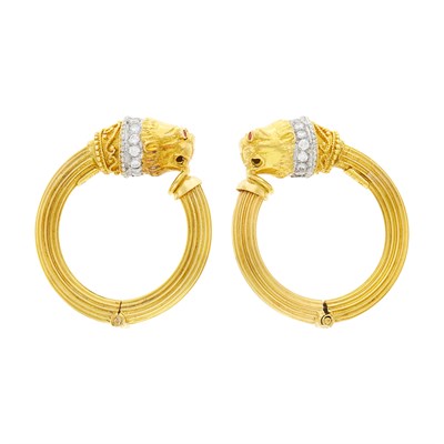 Lot 31 - Attributed to Ilias Lalaounis Pair of Two-Color Gold and Diamond Chimera Head Hoop Earclips