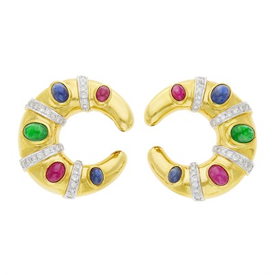 Lot 39 - Pair of Two-Color Gold, Cabochon Gem-Set and Diamond Hoop Earclips