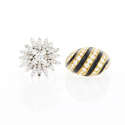 Lot 1240 - Gold, Black Enamel and Diamond Bombé Ring and White Gold and Diamond Ring