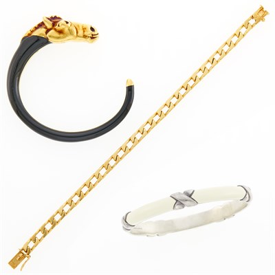 Lot 1077 - Tiffany & Co. Sterling Silver and Enamel Bangle Bracelet, Gucci Gilt-Metal and Enamel Horse Bangle Bracelet and Gold Bracelet