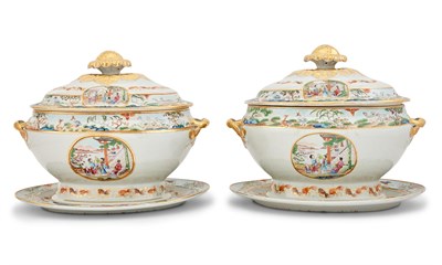 Lot 126 - Pair of Canton Famille Rose Porcelain Covered Soup Tureens and Stands