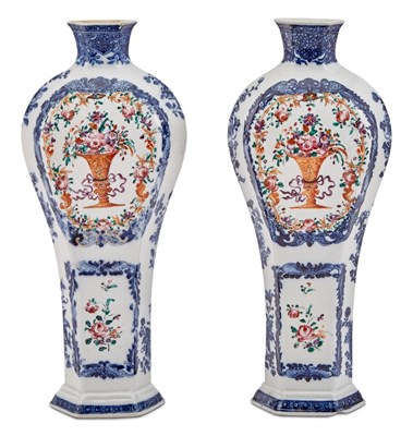 Lot 130 - Pair of Chinese Export Porcelain Famille Rose and Cobalt Blue Garniture Vases