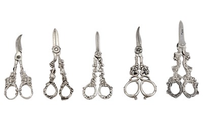 Lot 72 - Five Sterling Silver Grape Shears Including an...