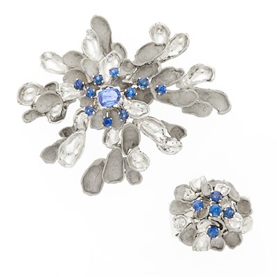 Lot 1206 - White Gold, Sapphire and Diamond Flower Brooch and Ring
