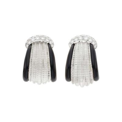 Lot 66 - Pair of Platinum, Gold, Fluted Rock Crystal, Diamond and Black Onyx and Half-Hoop Earclips