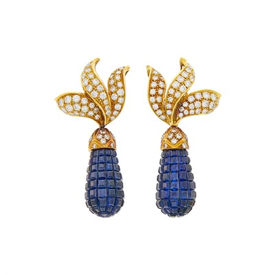 Lot 41 - Pair of Gold, Invisible-Set Sapphire and Diamond Pendant-Earrings