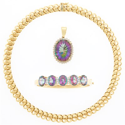 Lot 1268 - Gold, Treated Topaz and Diamond Pendant and Bangle Bracelet and Gold Necklace