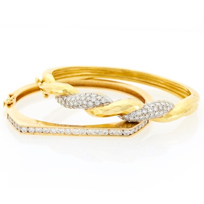 Lot 1009 - Hammered Gold, Sterling Silver and Diamond Bangle Bracelet and Gold and Diamond Bangle Bracelet