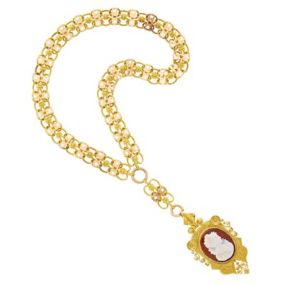 Lot 24 - Antique Gold Chain Necklace with Gold and Hardstone Cameo Pendant