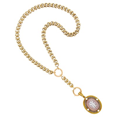 Lot 22 - Antique Gold Chain with Hardstone Cameo, Pearl and Diamond Locket
