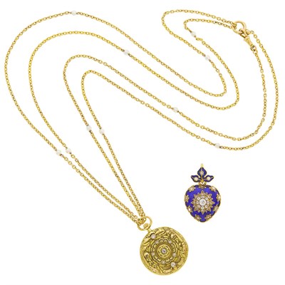 Lot 46 - Belle Epoque Gold and Diamond Open Face Pendant-Watch with Long Gold and Pearl Watch Chain and Enamel and Diamond Locket