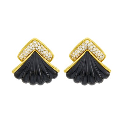 Lot 53 - Pair of Gold, Fluted Black Onyx and Diamond Earclips