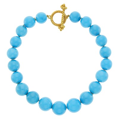 Lot 1020 - Mish Treated Turquoise Bead Necklace with Gold Toggle Clasp