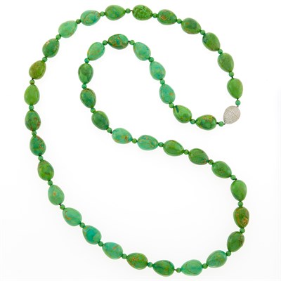 Lot 1191 - Attributed to Henri J. Sillam Green Composite Turquoise Bead Necklace with White Gold and Diamond Clasp